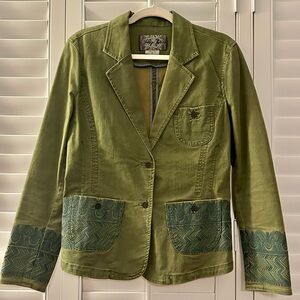 Indigo Palms Stretch Twill Olive Green Blazer with Embroidered Teal Details Sz M
